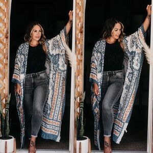 Boho Blue Printed Women's Swim Coverup Kimono